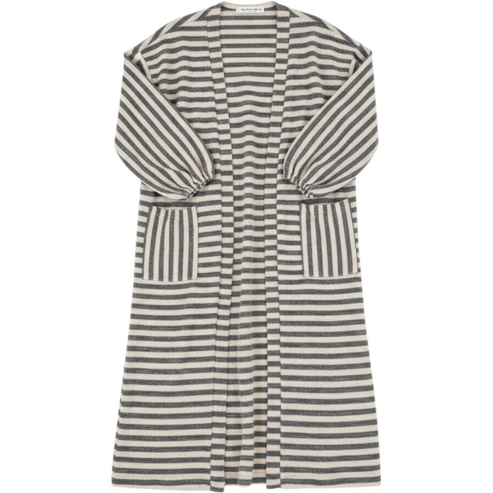 Three Bird Nest Cardigan S/M Grey Striped Longline Duster Pockets Boho Lagenlook